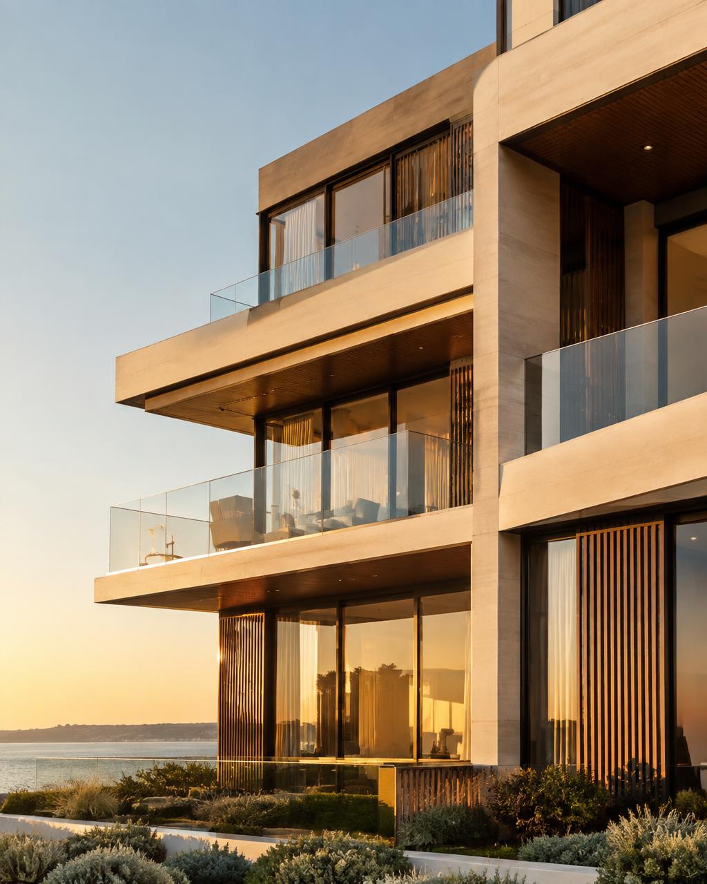 Modern residential building facade with stone and glass at golden hour