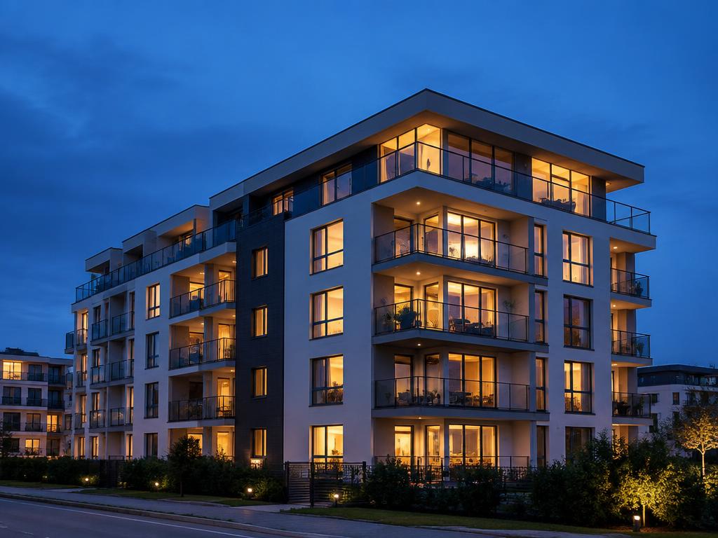 Multi-storey apartment building at dusk