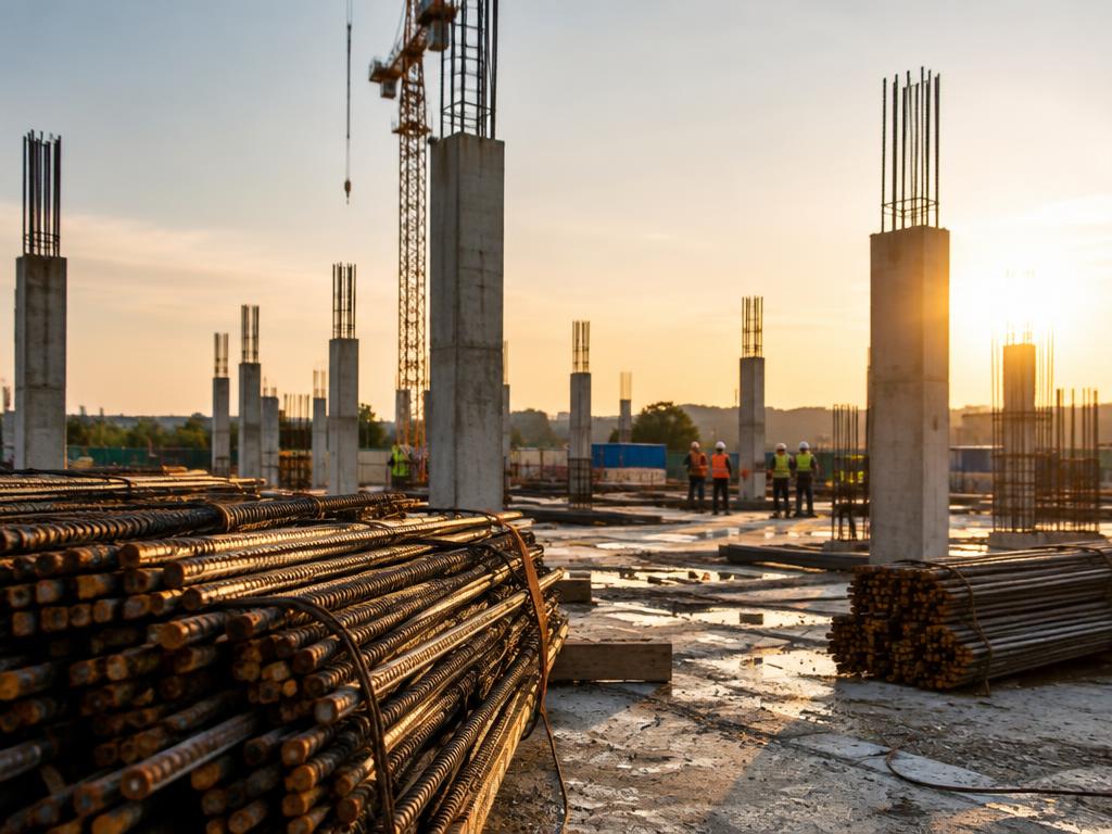 Construction site with concrete columns and steel rebar