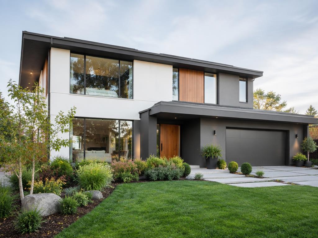 Modern residential house exterior with large windows